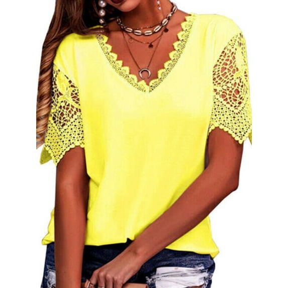 LilyLLL Plus Size Womens Short Sleeve V Neck Lace Plain Blouse T Shirt Tops