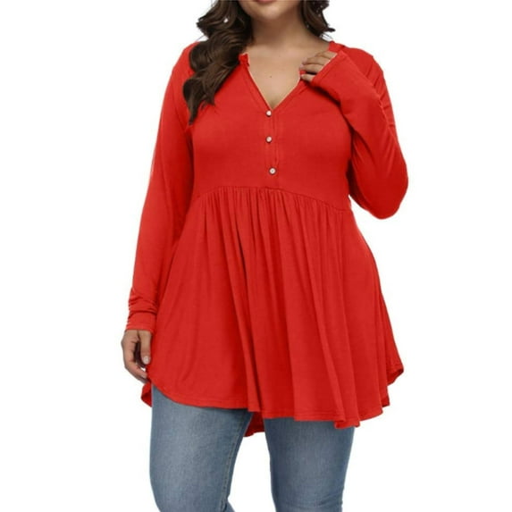 LilyLLL Plus Size Womens Solid Color Buttons Shirt Long Sleeve Swing Tops Tunic Blouse