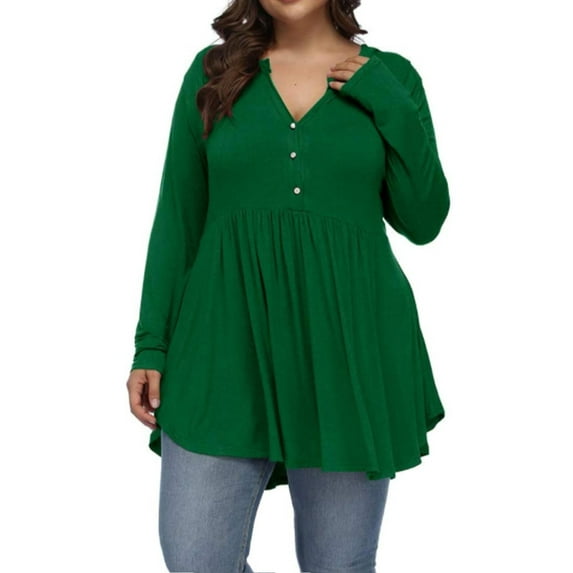 LilyLLL Plus Size Womens Solid Color Buttons Shirt Long Sleeve Swing Tops Tunic Blouse