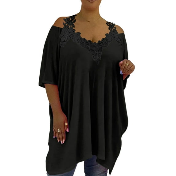 LilyLLL Plus Size Womens Solid Color Lace Cold Shoulder Tunic Blouse Tops
