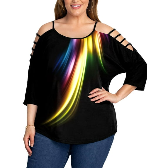 LilyLLL Plus Size Womens Strappy Cold Shoulder 3/4 Sleeve Tunic T-shirt Tops