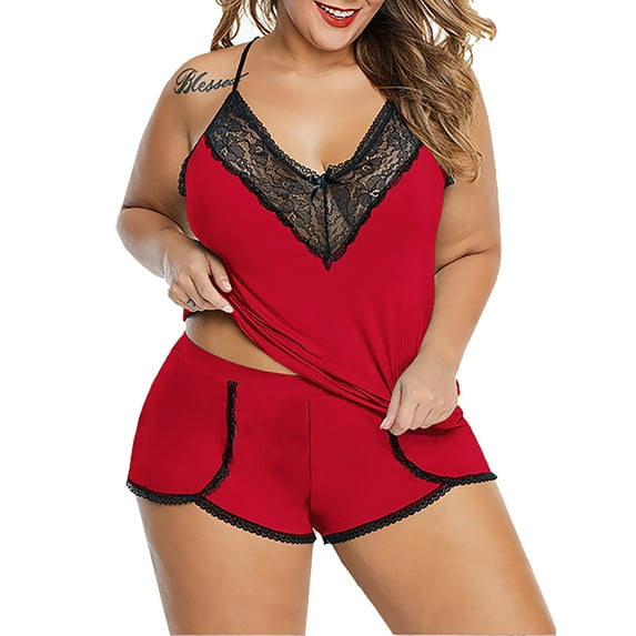LilyLLL Plus Size Womens Two Pieces Pajamas Camisole + Shorts Lace Lingerie Sleepwear Pjs