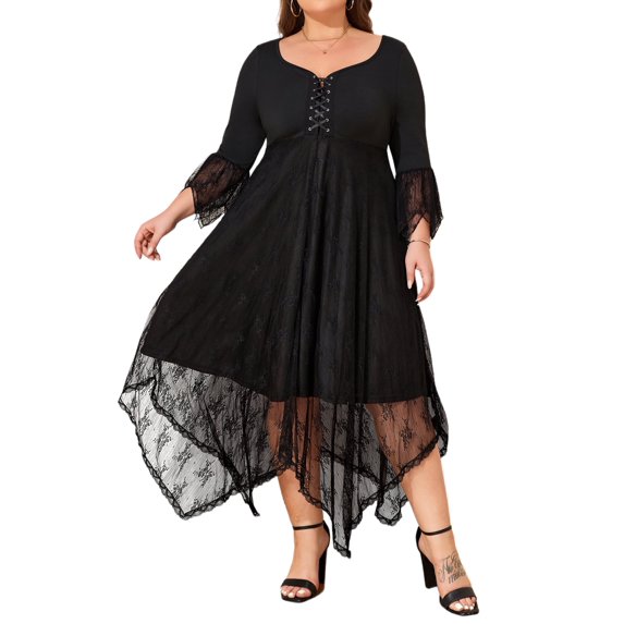 LilyLLL Plus Size XL-6XL Womens 3/4 Sleeve Lace Gothic Long Dress Casual Party Gown