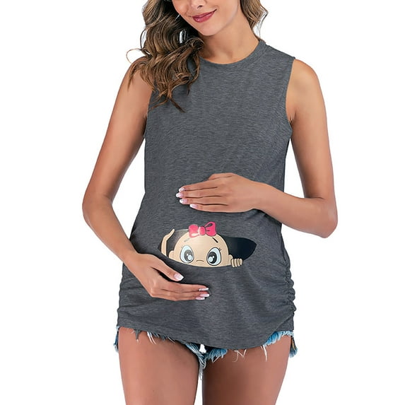 LilyLLL Pregnant Womens Cartoon Print Tank Tops Maternity Sleeveless Blouse T-shirt