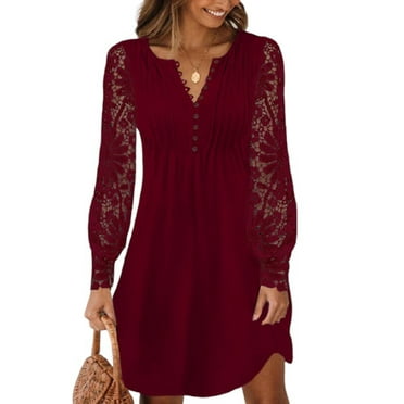 LilyLLL Spring Womens Lace Long Sleeve Buttons Casual Mini Dress