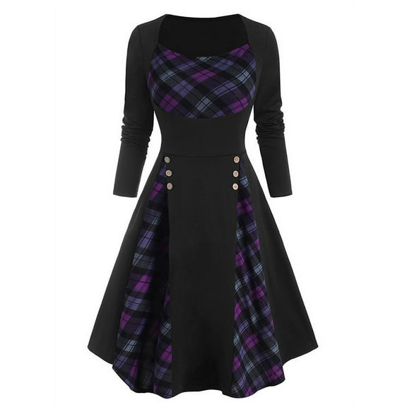 LilyLLL Vintage Womens Goth Steampunk Plaid Check Printed Christmas Party Swing Dress