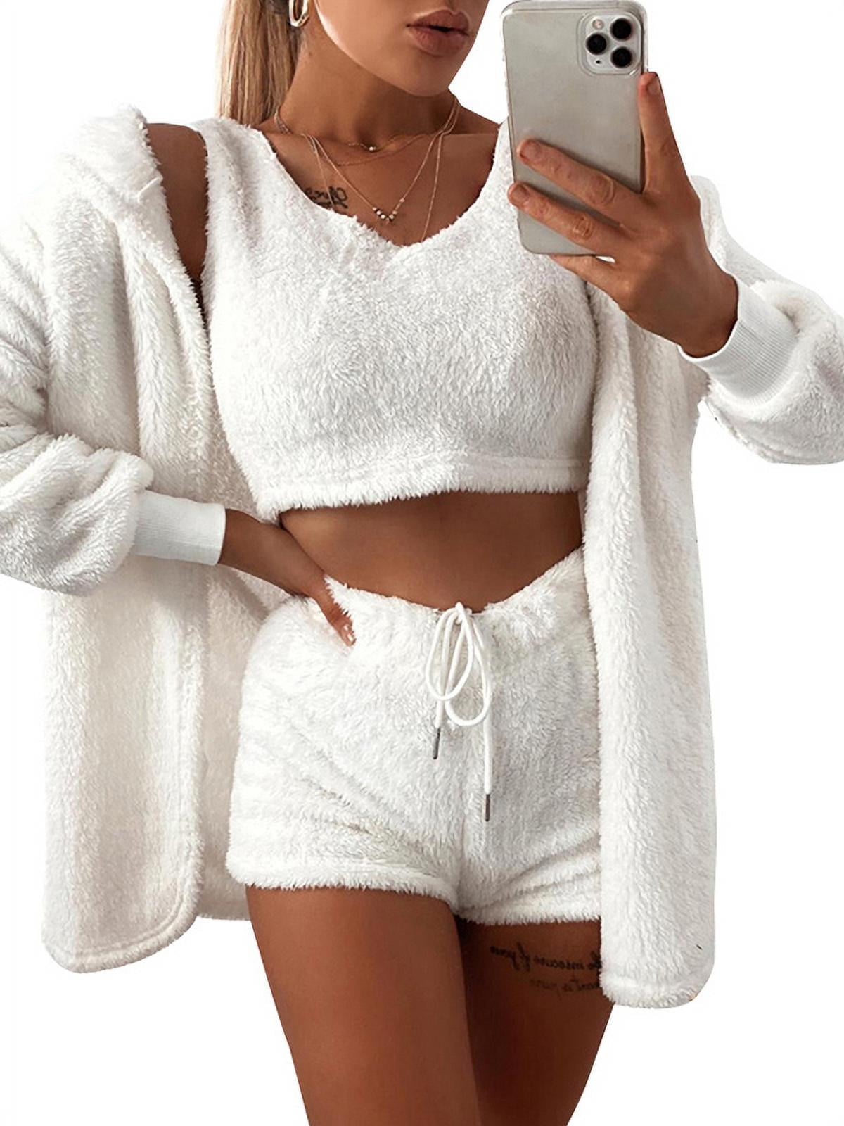 LilyLLL Women Teddy Fleece Crop Top Shorts Cardigan 3Pcs Set