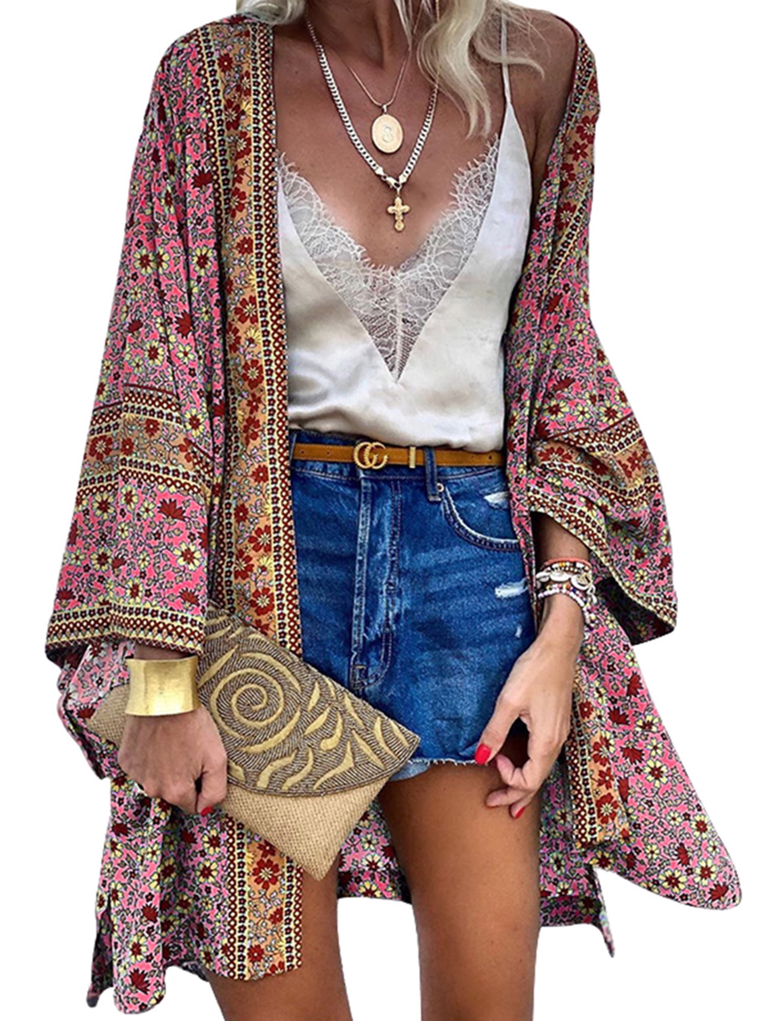 LilyLLL Womens Boho Floral Kimono Sleeve Blouse Cover Up Summer Holiday ...