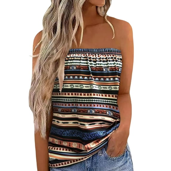 LilyLLL Womens Boho Floral Print Strapless Blouse T Shirt Summer Bandeau Tank Tops