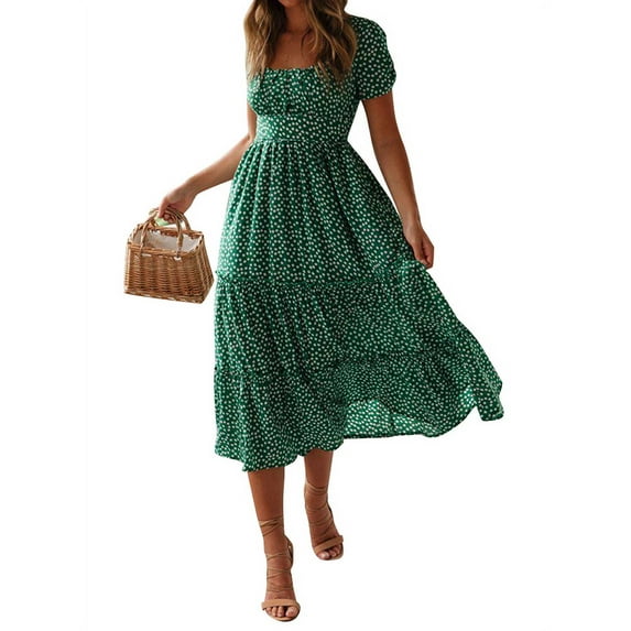 LilyLLL Womens Boho Floral Short Sleeve Maxi Dress Swing Midi Sundress