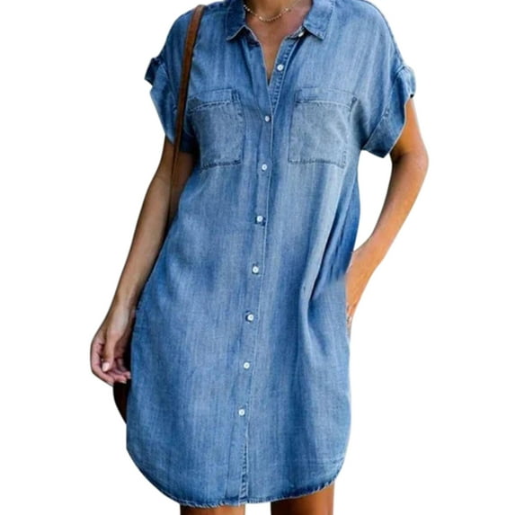 LilyLLL Womens Casual Short Sleeve Buttons Down Denim Dress