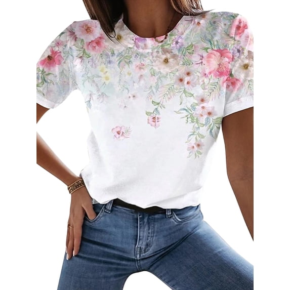 LilyLLL Womens Casual Tops Short Sleeve Floral Print Pullover Blouse T-Shirt