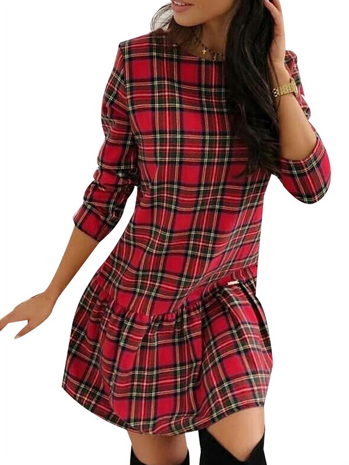 Miusey Plaid Tunic Shirts for Women,Juniors Patchwork Checked Sweatshirt  Layering Pleated Hemline Fashion Christmas Soft Surroundings Winter Dresses  Long Length with Leggings Red L at  Women's Clothing store