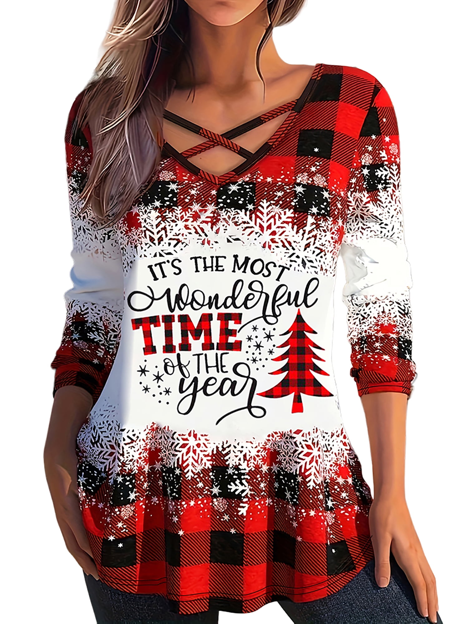 LilyLLL Womens Christmas Plaid Printed Long Sleeve Criss Cross V Neck ...