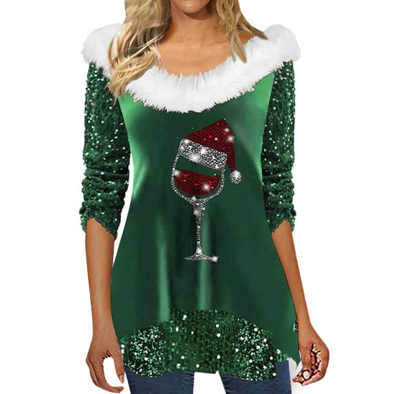 LilyLLL Womens Christmas Wine Glass Glitter Sequins Long Sleeve Furry Collar Tunic Blouse Tops