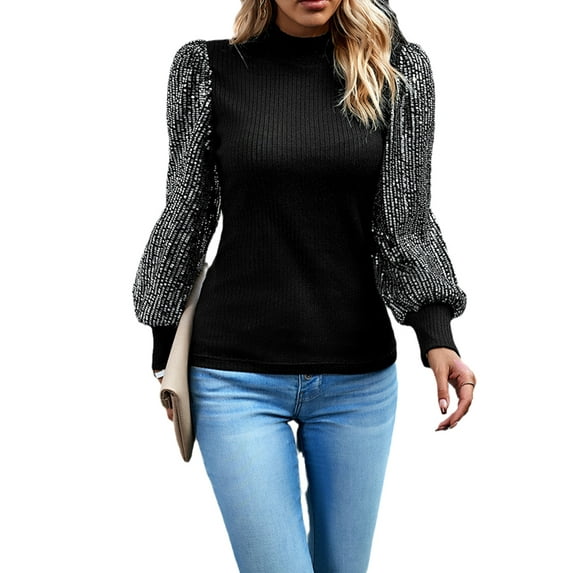 LilyLLL Womens Evening Party Glitter Sequins Long Sleeve Turtle Neck Blouse Tops