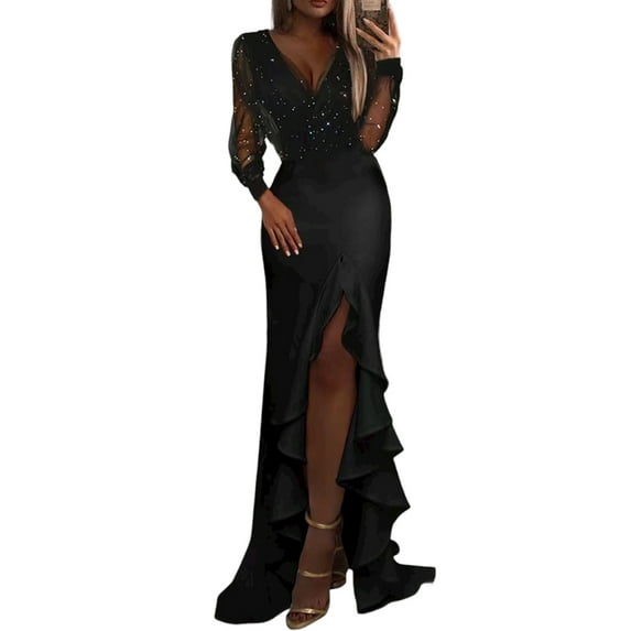LilyLLL Womens Evening Party Prom Ball Gown Long Sleeve V Neck Glitter Sequins Formal Dress