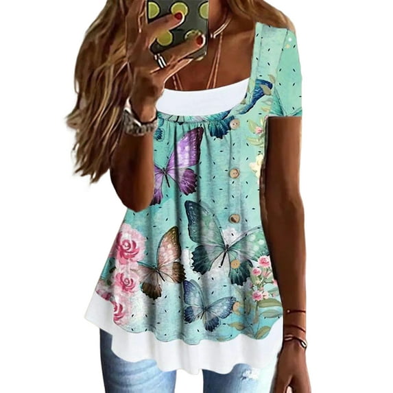 LilyLLL Womens Fake Two Pieces T-shirt Floral Print Casual Short Sleeve Blouse Tops