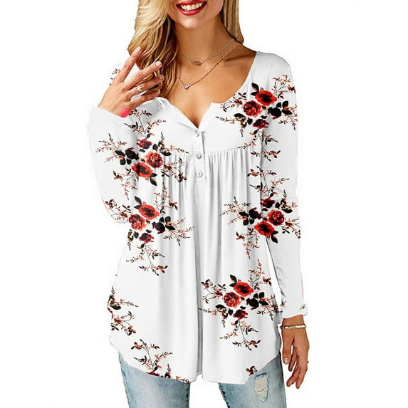 LilyLLL Womens Floral Long Sleeve Ruched Buttons Tunic Tops