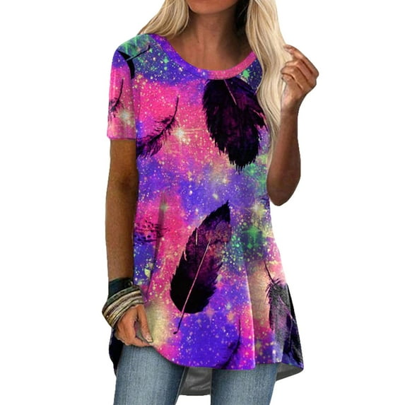 LilyLLL Womens Floral Print Longline Tunic T-shirt Summer Short Sleeve Blouse Tee Tops