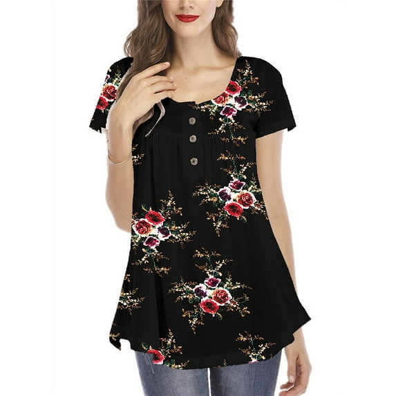 LilyLLL Womens Floral Short Sleeve Loose Button Tunic Shirt