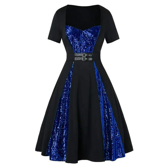LilyLLL Womens Gothic Sequins Dress Halloween Party Medieval Short Sleeve Vintage Swing Dresses