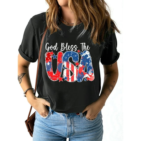 LilyLLL Womens Independent Day USA Flag Print Short Sleeve Cotton Blouse Tee Shirt Tops
