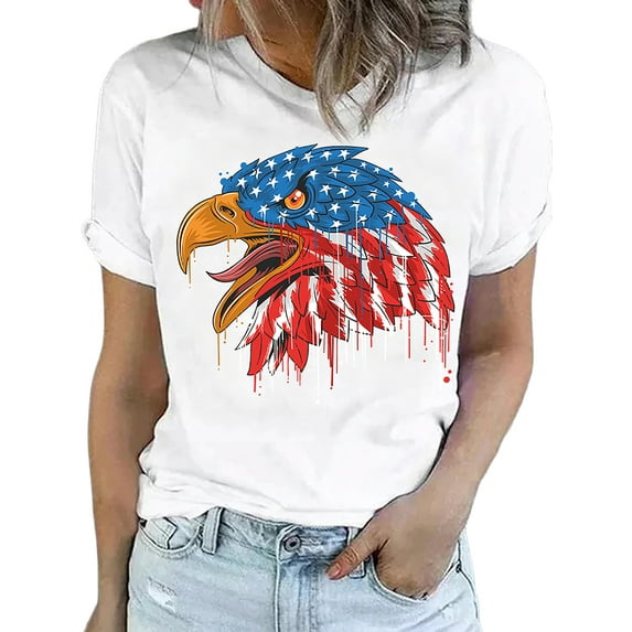 LilyLLL Womens Independent Day USA Flag Print Short Sleeve Cotton Blouse Tee Shirt Tops