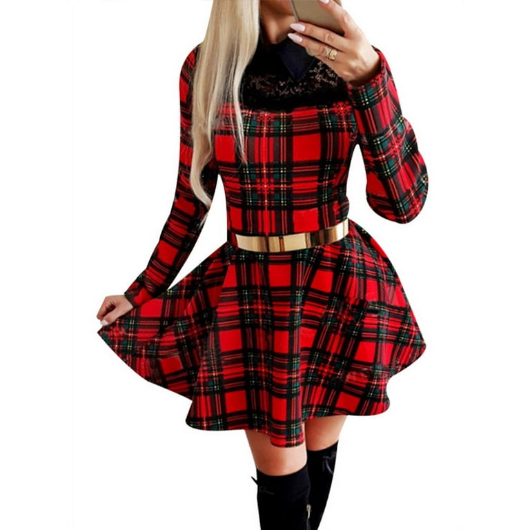 Long-Sleeved Red Plaid Slim Skater Dress Long-Sleeved Red Plaid Slim Skater Dress