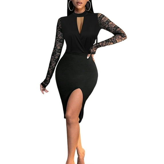 LilyLLL Womens Lace Pathwork Long Sleeve Halter Party Midi Dress