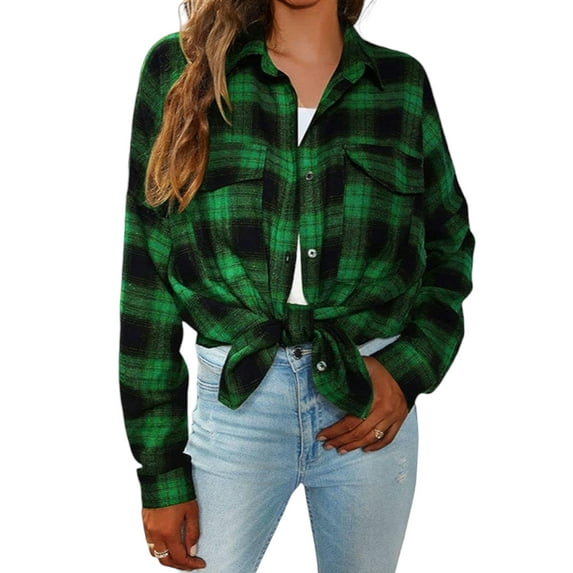 LilyLLL Womens Long Sleeve Buttons Shirt Grid Print Collared Blouse Tops