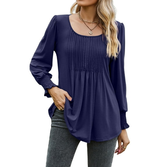 LilyLLL Womens Long Sleeve Crew Neck Pleated T Shirt Swing Blouse Tops