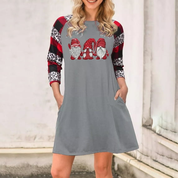 LilyLLL Womens Long Sleeve Crew Neck Pullover T Shirt Christmas Party Pocket Mini Dress