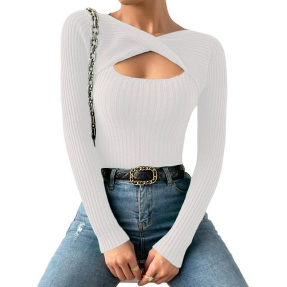 LilyLLL Womens Long Sleeve Knitted Sweater Cut Out Basic Shirt Blouse Tops