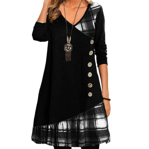 LilyLLL Womens Long Sleeve Plaid Check Print Dress Christmas Casual Tunic Dresses