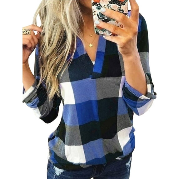 LilyLLL Womens Plaid Check Print Long Sleeve V Neck Casual Blouse Tops