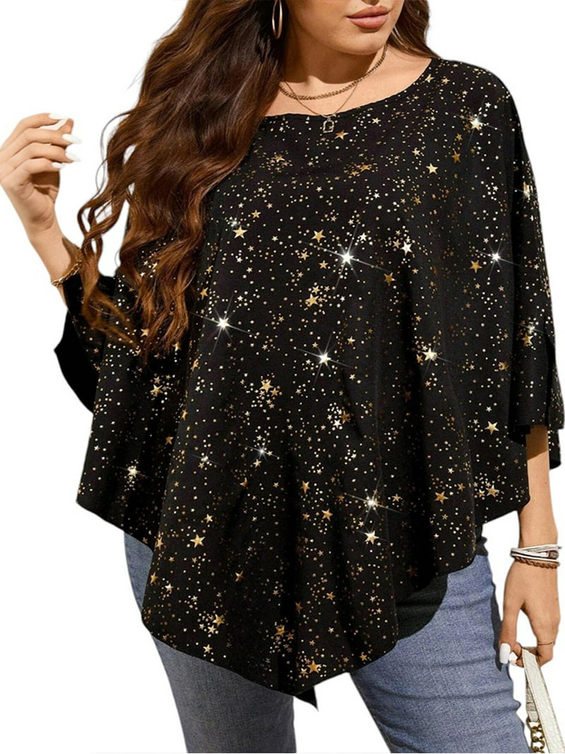 LilyLLL Womens Plus Size Dressy Tops Glitter Star Print Irregular Blouse  Shirt - Walmart.com, image size:800x1067