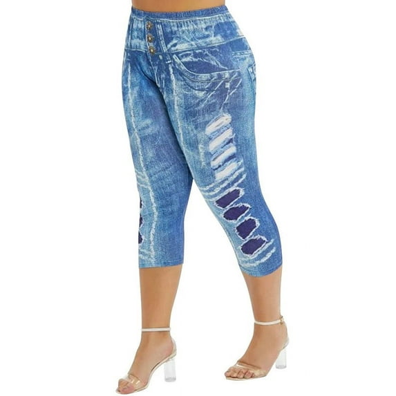 LilyLLL Womens Plus Size Jeans Printed Jegging Capri Leggings 3/4 Skinny Denim Pants