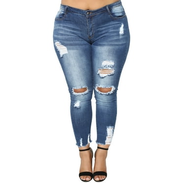 LilyLLL Womens Plus Size Ripped Skinny Jeans High Waist Front Washed Denim Pants