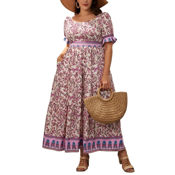 LilyLLL Womens Plus Size Summer Floral Sundress Boho Cocktail Party Pockets Long Dresses