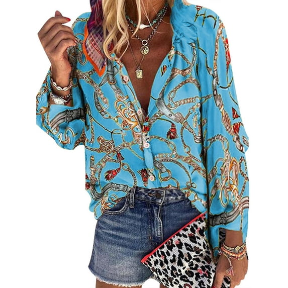 LilyLLL Womens Retro Chain Print Long Sleeve Buttons Blouse Shirt Tops