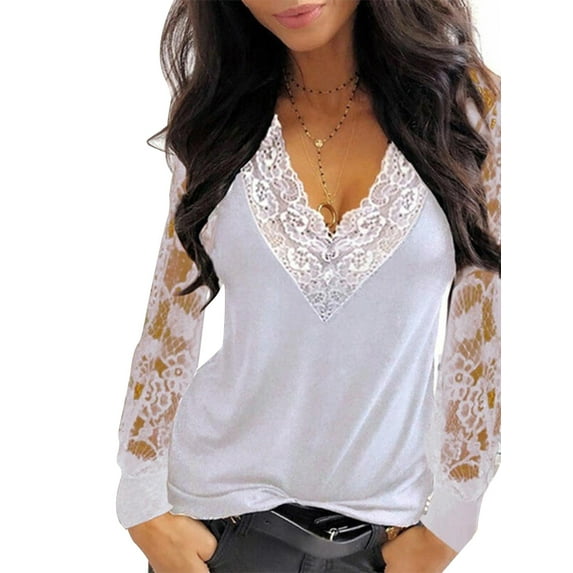 LilyLLL Womens Sexy Transparent Lace Long Sleeve V Neck Blouse T Shirt Tops