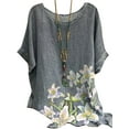 thumbnail image 1 of LilyLLL Womens Short Sleeve Crew Neck Floral Print Linen Tunic Blouse Tops, 1 of 2
