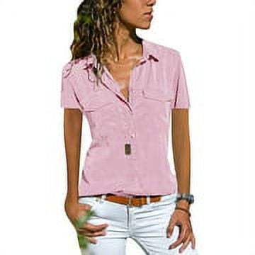 LilyLLL Womens Short Sleeve Shirts V Neck Collared Button Up Blouse Tops Pockets