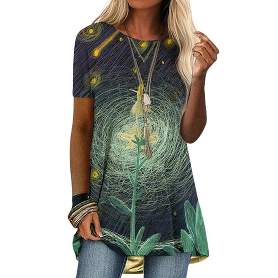 LilyLLL Womens Short Sleeve Round Neck Longline Tunic T Shirt Printed Blouse Tops