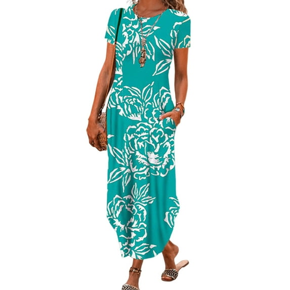 LilyLLL Womens Short Sleeve Round Neck Sundress Casual Print Pockets Long Dress