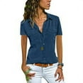 thumbnail image 1 of LilyLLL Womens Short Sleeve Shirts V Neck Collared Button Up Blouse Tops Pockets, 1 of 2