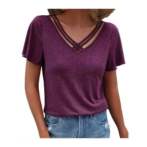 LilyLLL Womens Short Sleeve Strappy V Neck T Shirt Trendy Plain Blouse Tops