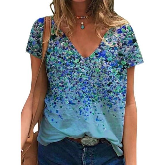 LilyLLL Womens Short Sleeve V Neck Retro Floral Print Loose Blouse T Shirt Tops