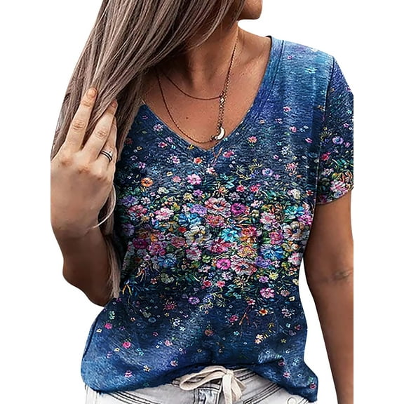 LilyLLL Womens Short Sleeve V Neck Retro Floral Print Loose Blouse T Shirt Tops